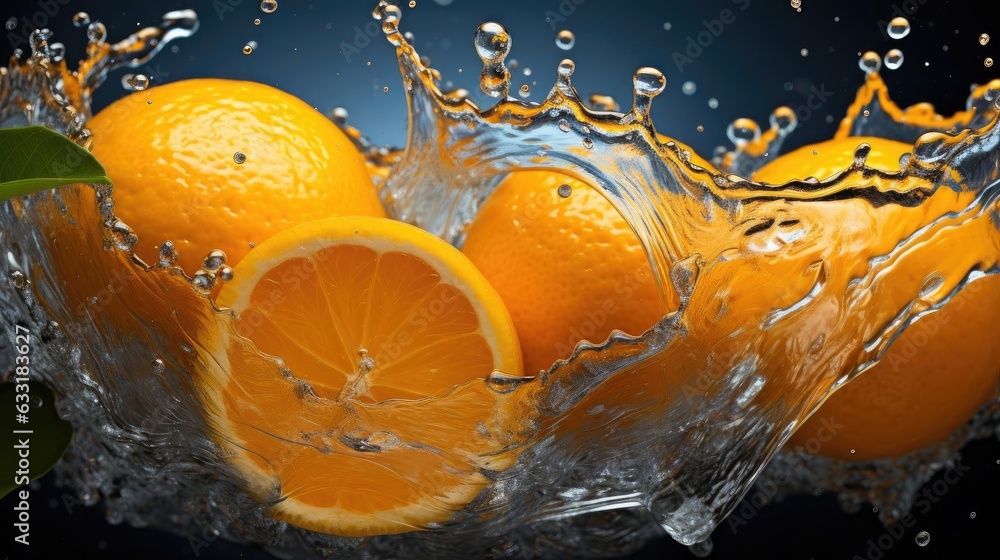 flying fresh orange splashed with water on black background and blur flying fresh orange splashed with water on black background and blur