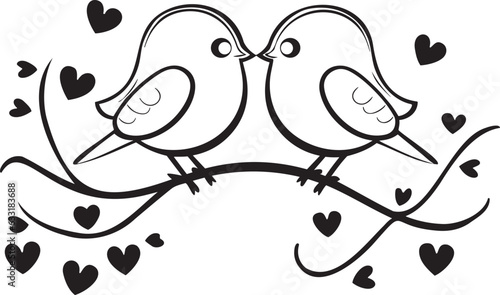 Silhouette cute birds in love on white background, romantic two birds sitting on the tree illustration for wall art and decoration, wall decals