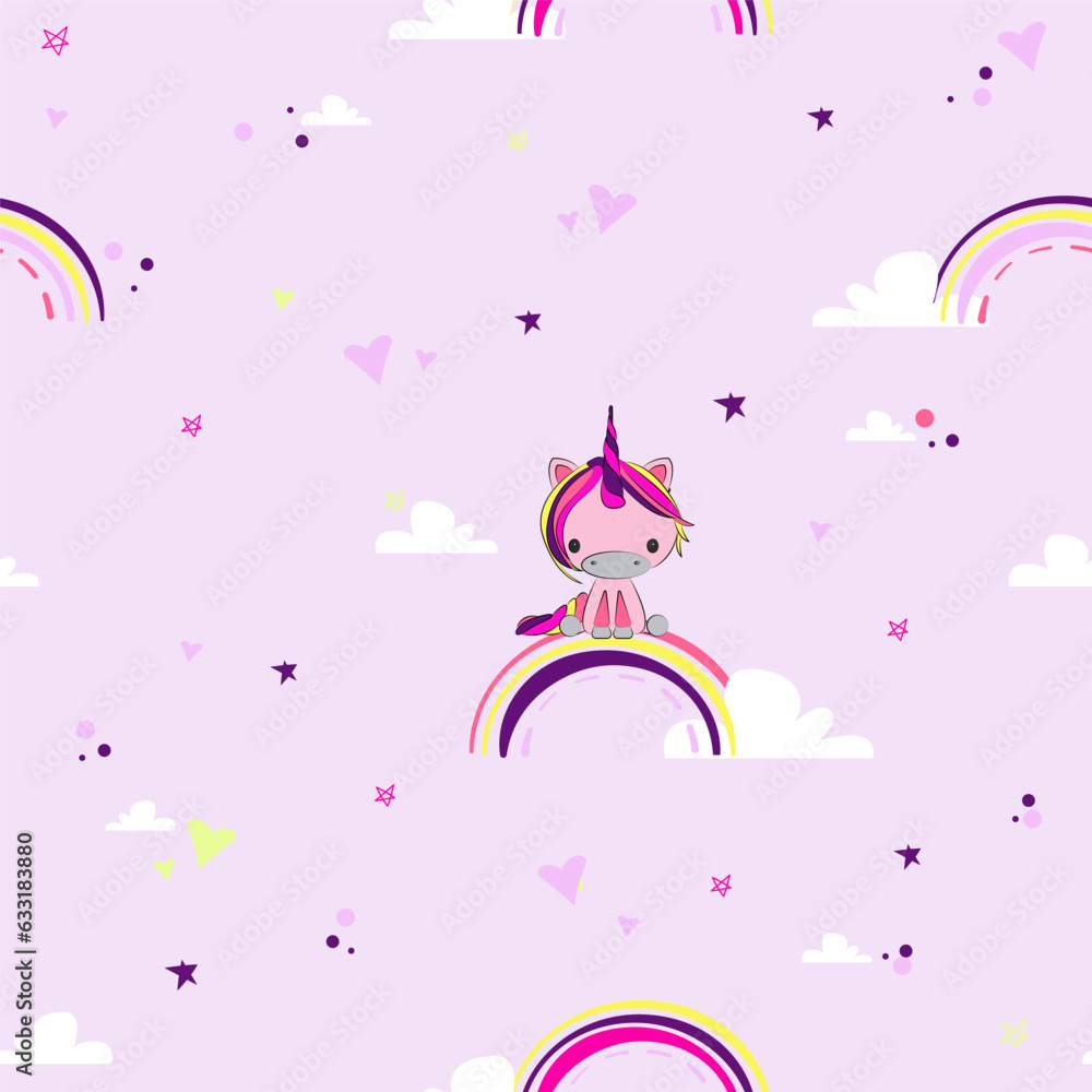 Colourful pink magic unicorn sits on the rainbow with stars on background . Unicorn seamless pattern for nursery kids room wall. Baby unicorn character background,good for textile prints