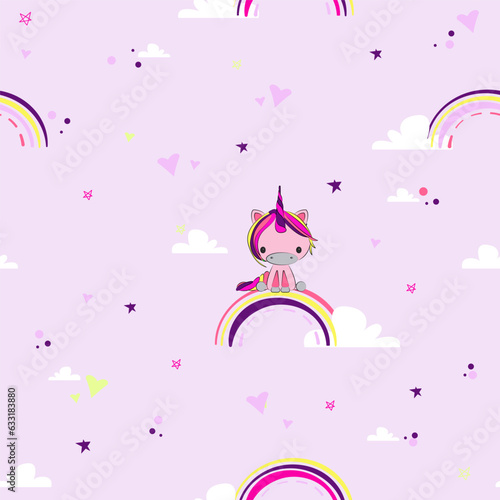 Colourful pink magic unicorn sits on the rainbow with stars on background . Unicorn seamless pattern for nursery kids room wall. Baby unicorn character background,good for textile prints