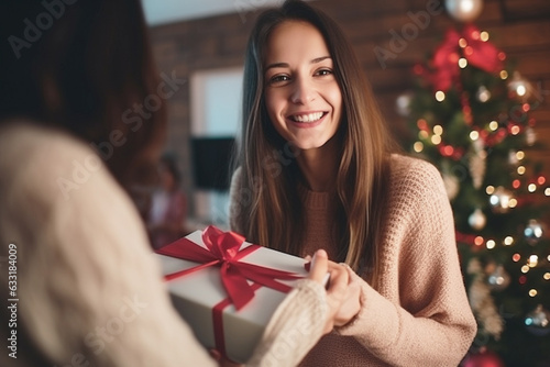 happy woman delights in giving thoughtful gifts to her friends, their faces glowing with gratitude and joy as they share in the spirit of love and generosity on a magical Christmas night