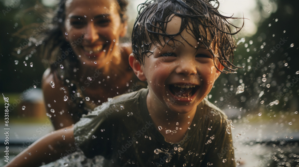 Water Play Harmony: Spirited Moments of Mother and Son 