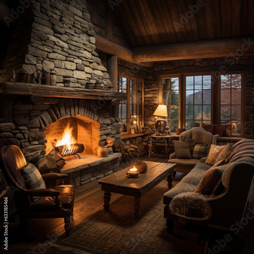 A cozy cabin thats warmed by a fireplace 