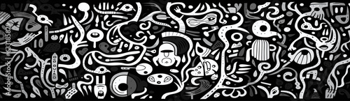 a geometric pattern with black and white swirls, minimalist strokes, web-based art, printmaking