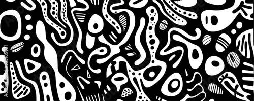 a geometric pattern with black and white swirls, minimalist strokes, web-based art, printmaking