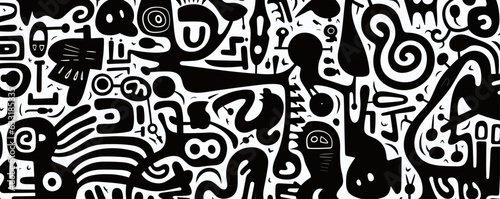 a geometric pattern with black and white swirls, minimalist strokes, web-based art, printmaking