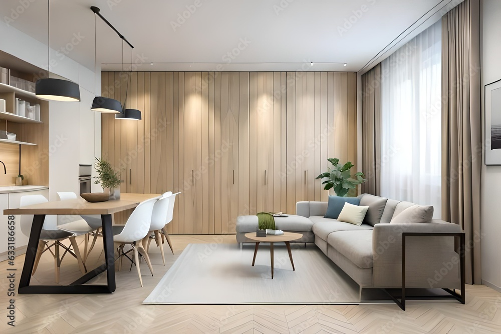 Fototapeta premium Spacious interior design of bright studio apartment in Scandinavian style and warm pastel tones of white and cream. Trendy furniture in the living room and modern details in the kitchen area.
