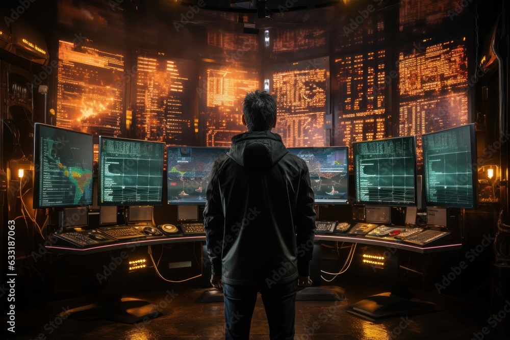 a computer on the background a high-definition cyberpunk data center. generative AI a computer on the background a high-definition cyberpunk data center. generative AI