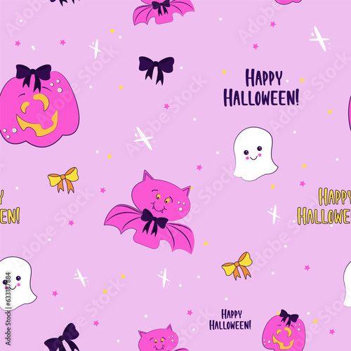 Fototapeta Naklejka Na Ścianę i Meble -  Happy Halloween cute pink vector seamless pattern with cartoon ghost, bat, pumpkin, bows, stars. Happy Halloween lettering. Halloween background in cute pink style