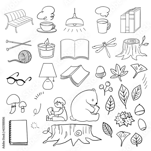 秋の季節にまつわる手描きイラストセット