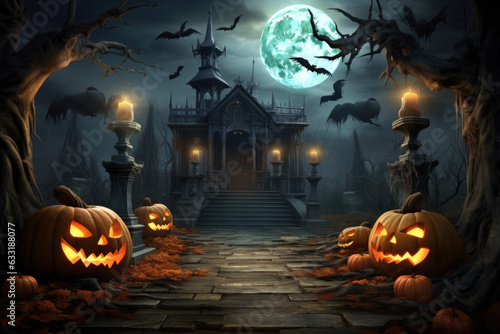 Spooky Halloween Night: Glowing Pumpkins, Mansion, and Bats Illustration Generative AI