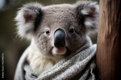 a koala wearing a winter scarf