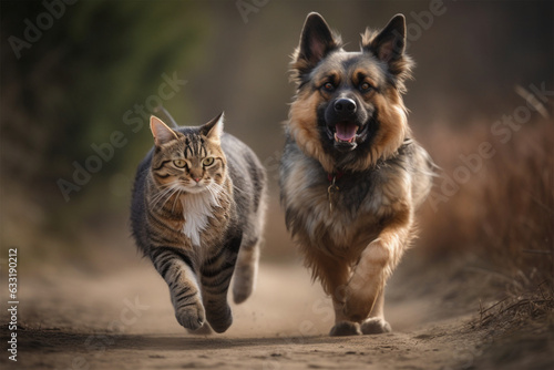 dog and cat running together