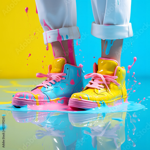 A burst of summer vibes in a vibrant photo showcasing colorful sneakers with splashes of paint
