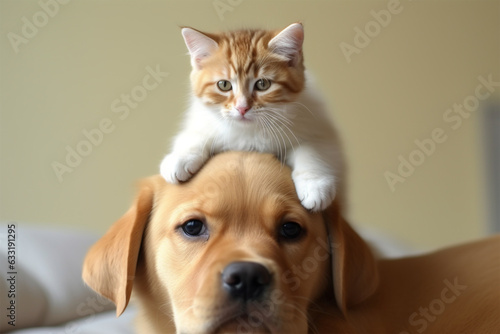 cute kitten on a dog's head