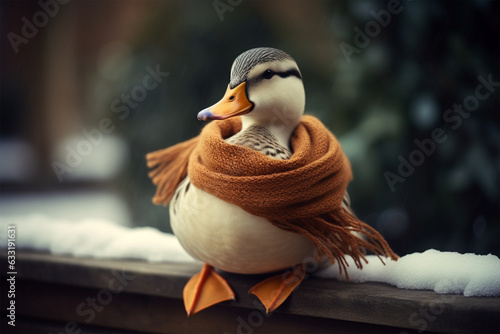 a duck wearing a winter scarf