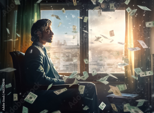 Portrait of illustration crazy man millionaire sitting on chair with flying money full room. Man wearing  suit isolated over money background  he is enjoying money rain. Generative AI.
