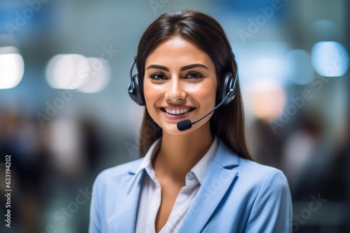 call-center operators with a small modern wireless headsets works with a desktop in an office, Generative AI