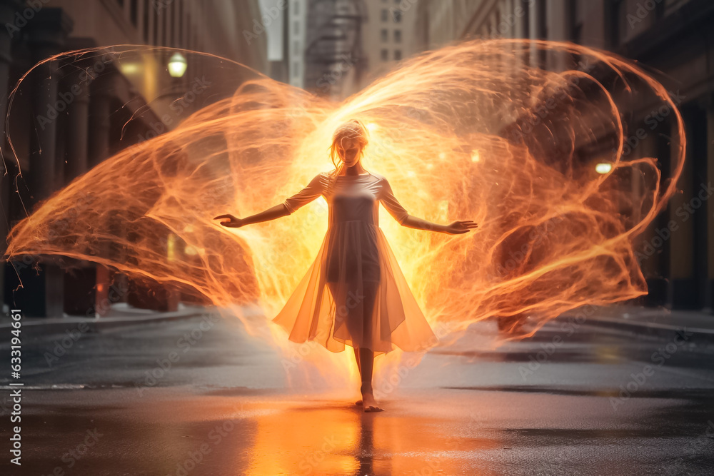 Magical power woman showing fire power battle energy like Superhuman movie on the night city street. Generative AI.