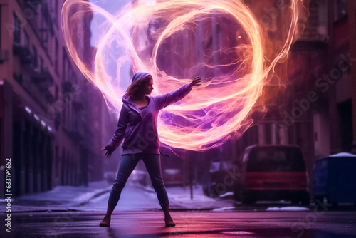 Magical power woman showing fire power battle energy like Superhuman movie on the night city street. Generative AI. © Surachetsh