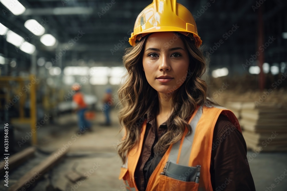 portrait of female worker wearing safety helmet in factory, looking at camera. portrait of female worker wearing safety helmet in factory, looking at camera.
