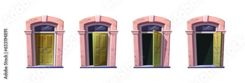 Green wooden door of old cottage house. Vector cartoon style icon illustrations. Sprite animation for 2d game. 