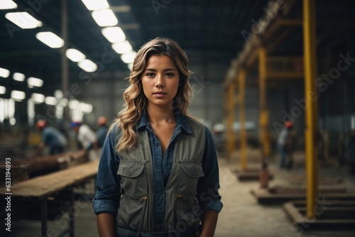 portrait of young woman in industrial warehouse.
