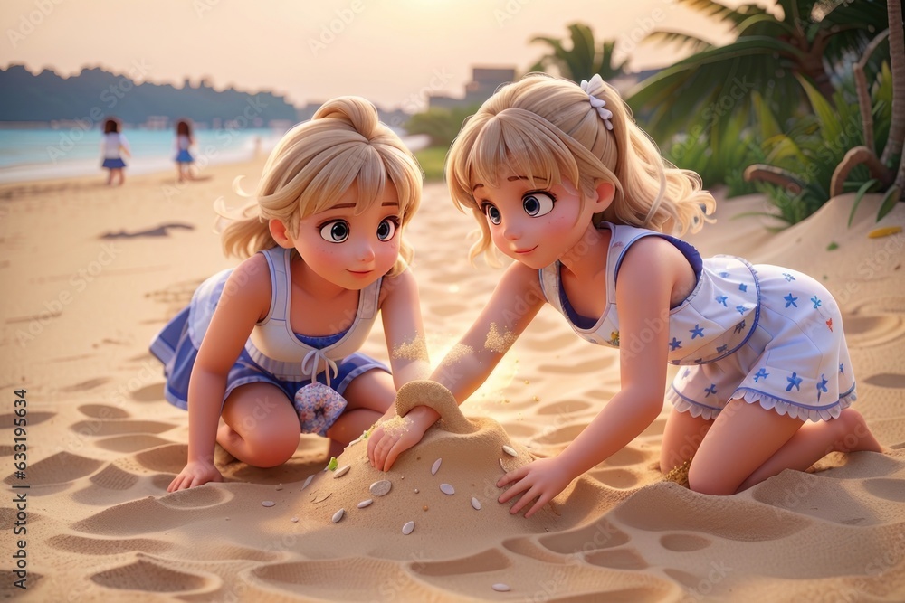Fototapeta premium two little girls playing on the beach