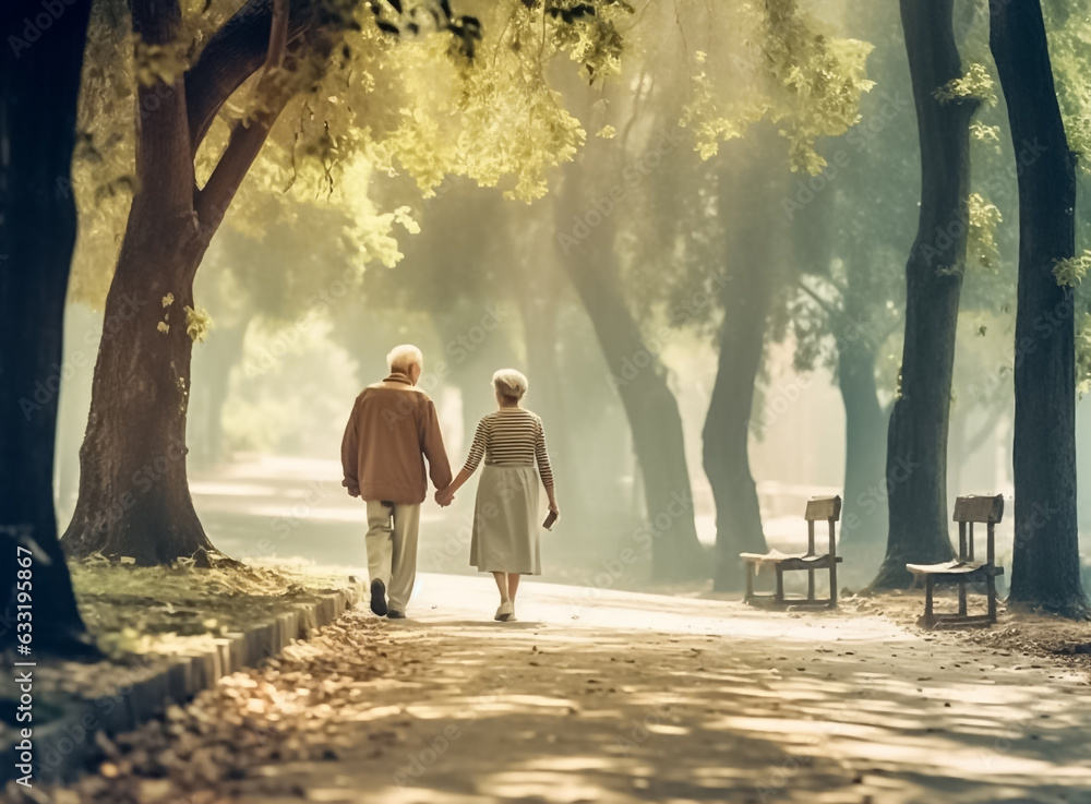 Senior couple holding hands looks happy in the park in the afternoon ...