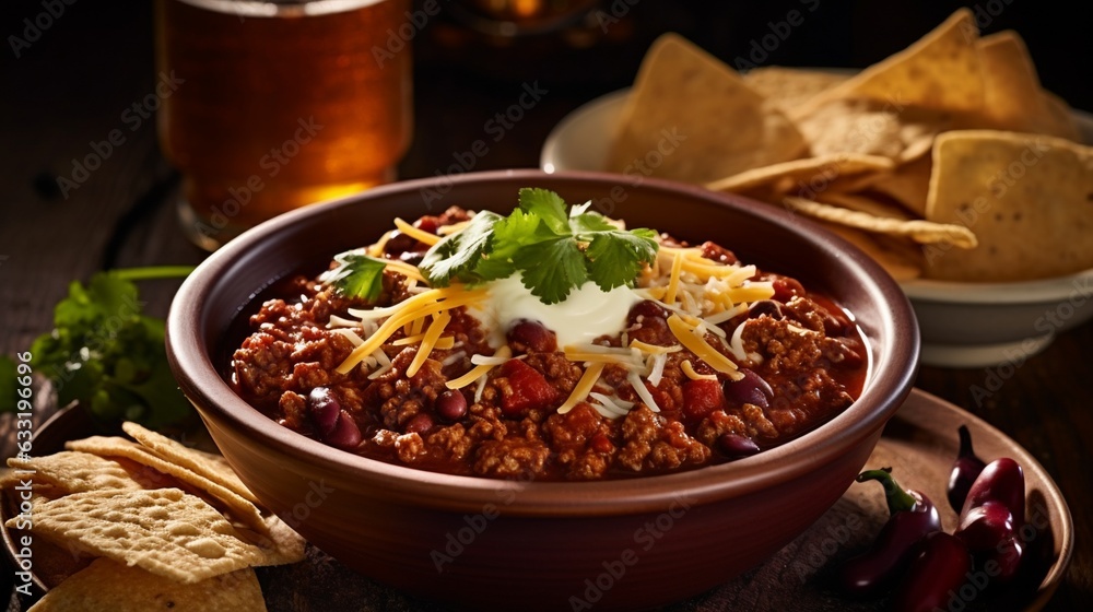 Texas style chili in a simple bowl with chips and beer - obrazy, fototapety, plakaty 
