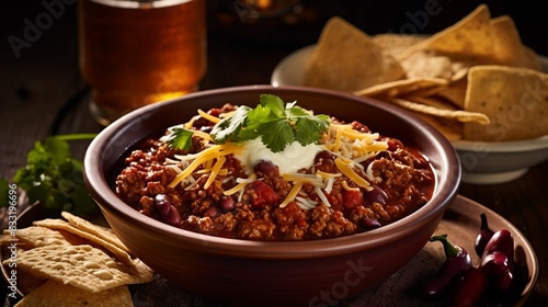 Texas style chili in a simple bowl with chips and beer