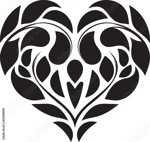 Black heart tails with leaves vector design, tattoo design of heart for home decor