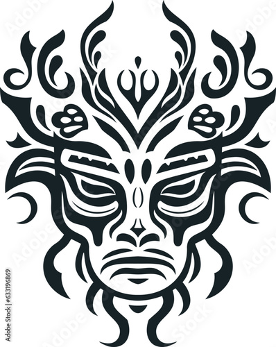 Tribal man tattoo design, home decor tribal mask art with floral tails, wall decal art, black and white  © stockeefy