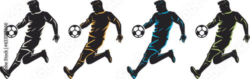 Soccer Player vector silhouettes with four variation colors, Soccer Player with ball stickers and tattoo design