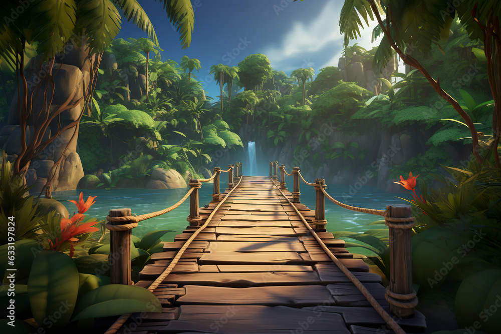 Background environment of 3D abstract bamboo bridge for adventure mobile game. Cartoon style bridge over tropical lake in game art background environment. - obrazy, fototapety, plakaty 