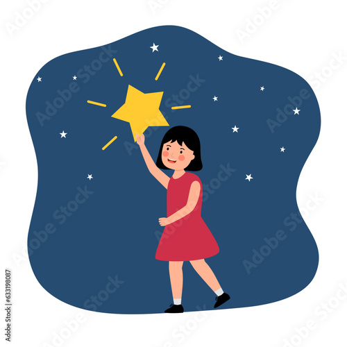 Little girl child reach the star in flat design.