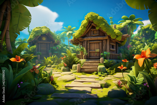 Fototapeta Naklejka Na Ścianę i Meble -  3D abstract peaceful village background environment for adventure mobile game. Quiet, secluded village cartoon style in game art background environment.