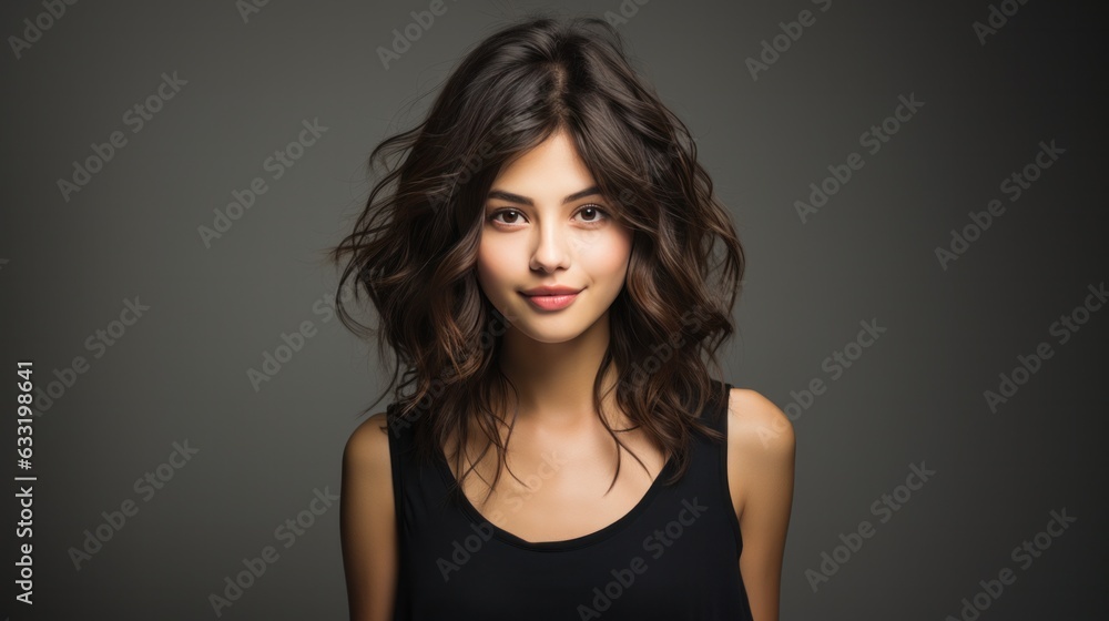 Asian woman with a radiant smile with long hair against a dark background. Asian woman with a radiant smile with long hair against a dark background.
