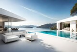 Exterior of modern minimalist white villa with swimming pool. Rich house with round shapes, Generative Ai