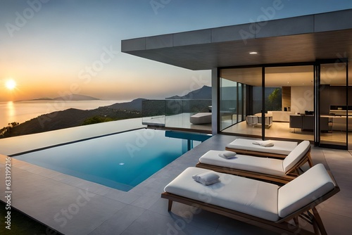Exterior of modern minimalist cubic villa with swimming pool at sunset, Generative Ai © DESIRED_PIC