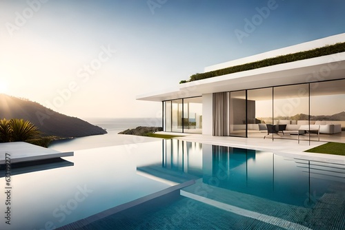 Exterior of modern minimalist white villa with swimming pool. Rich house with round shapes, Generative Ai © DESIRED_PIC