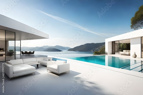 Fotografie, Obraz Exterior of modern minimalist white villa with swimming pool