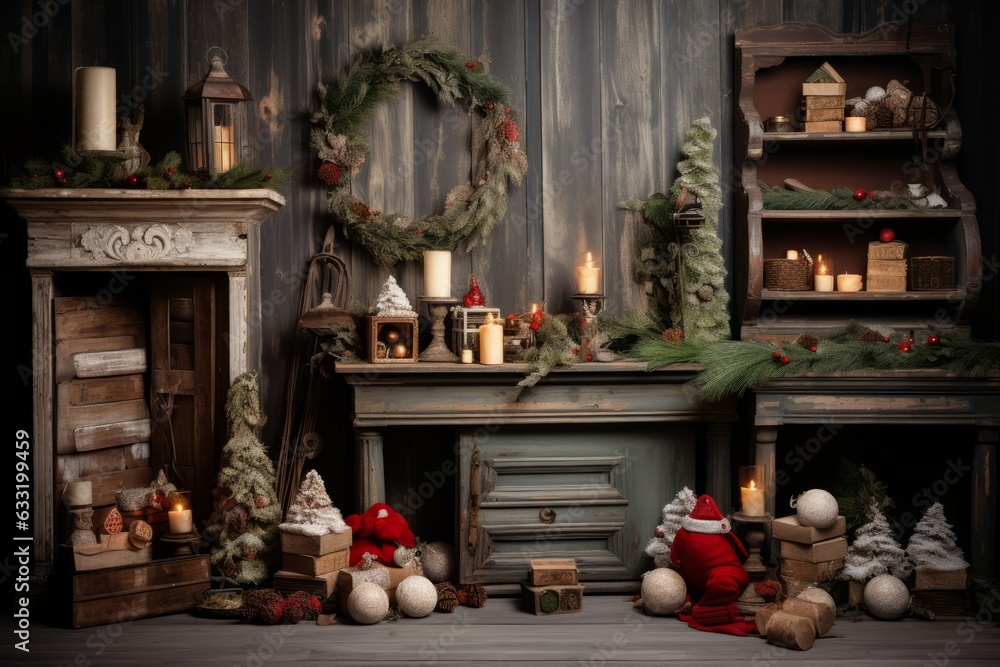 Photo of a cozy room decorated for Christmas with a fireplace and a festive wreath created with Generative AI technology