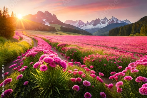 field of red beautiful flowers in the mountains generated by AI tool