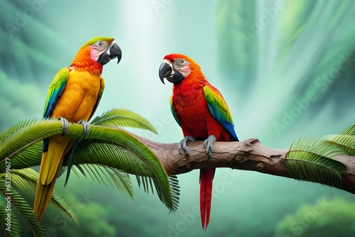 Couple of red and green parrot on branch generated  by AI tool