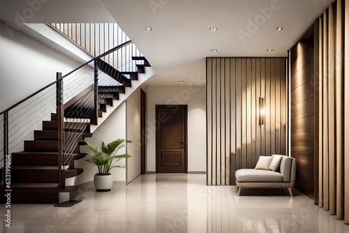 Interior design of modern entrance hall with staircase in villa, Generative Ai © DESIRED_PIC