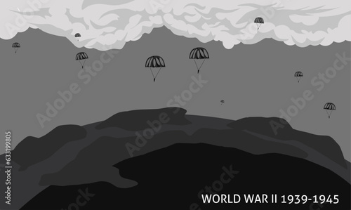 Black and white vector illustration of World War II 1939-1945. aerial battlefield scene