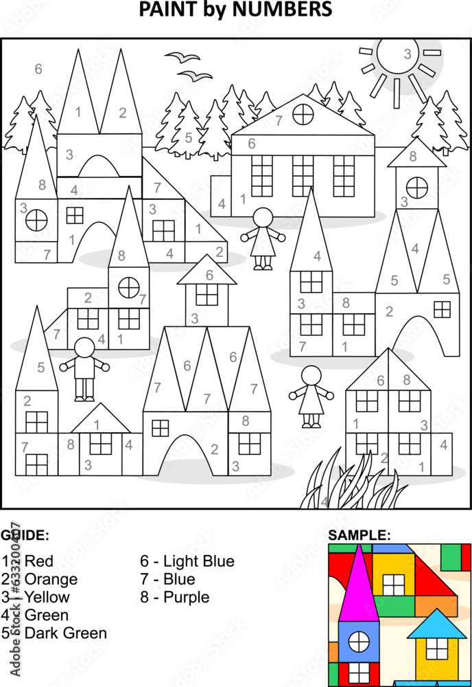 Color by numbers, or paint by numbers, activity page for kids - toy town
