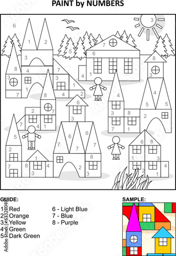 Color by numbers, or paint by numbers, activity page for kids - toy town 