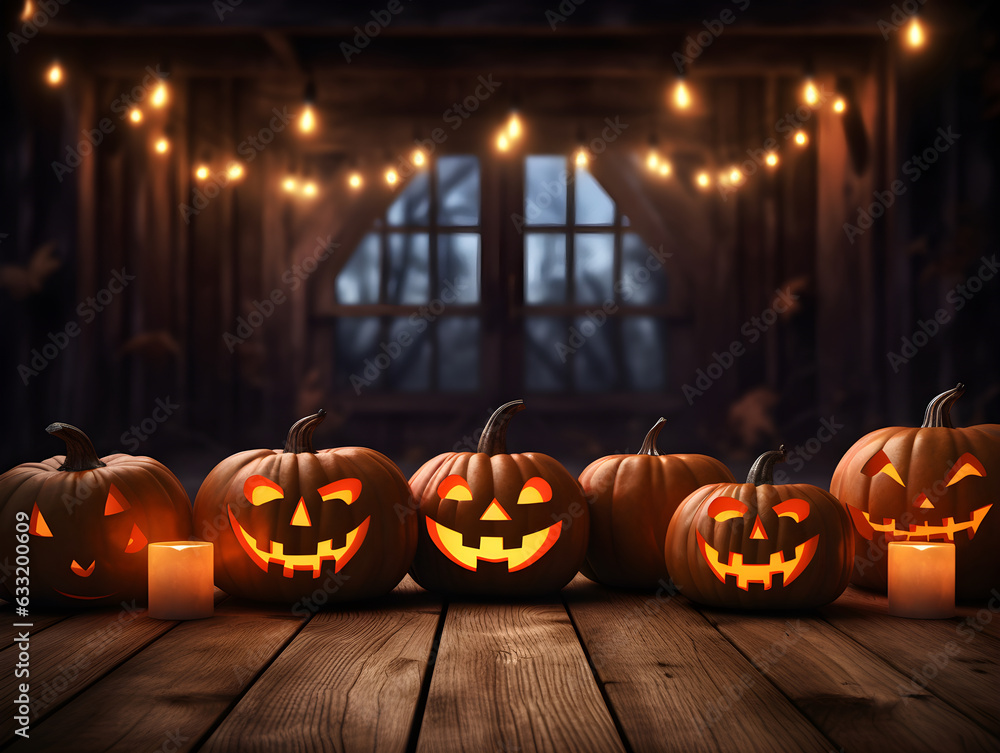 Obraz premium Halloween pumpkins on wooden table in Halloween theme with Generative AI.